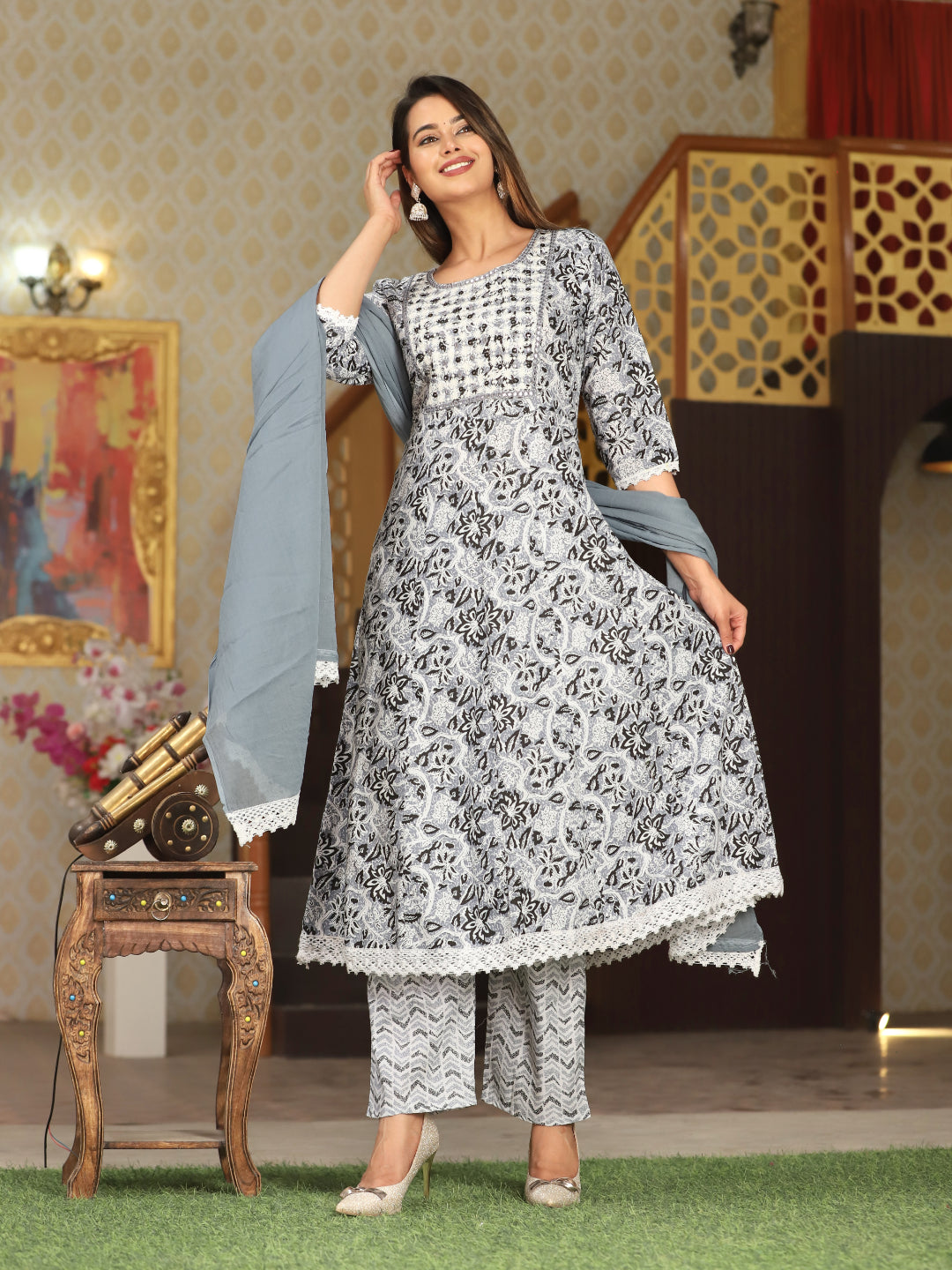 Grey Anarkali Cotton Printed Embroidered Kurta With Pant Dupatta