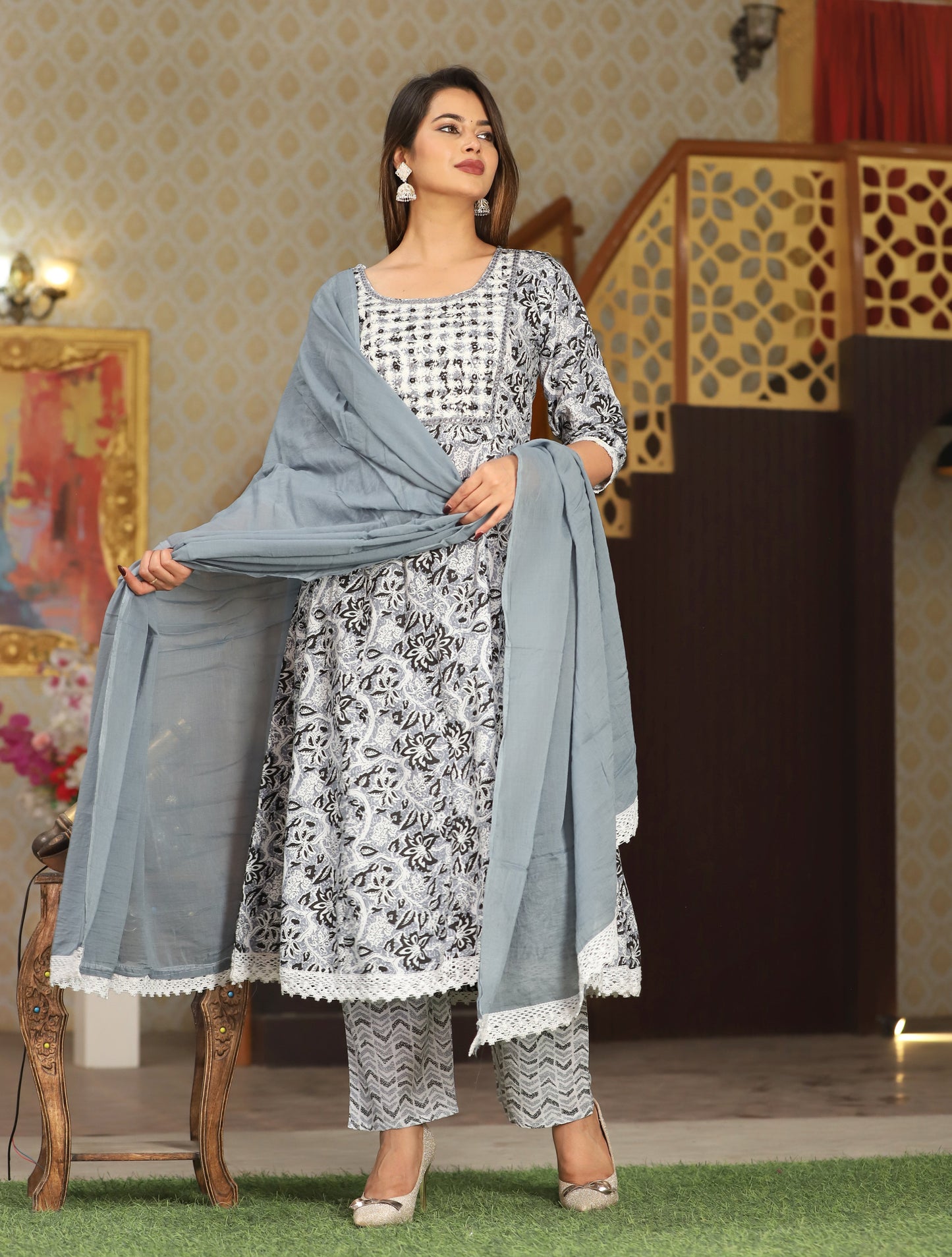Grey Anarkali Cotton Printed Embroidered Kurta With Pant Dupatta