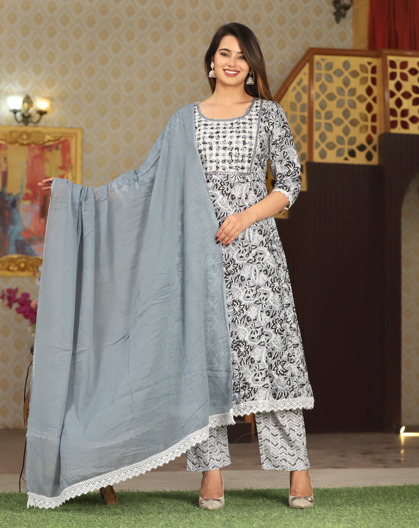 Grey Anarkali Cotton Printed Embroidered Kurta With Pant Dupatta