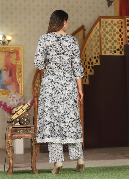 Grey Anarkali Cotton Printed Embroidered Kurta With Pant Dupatta