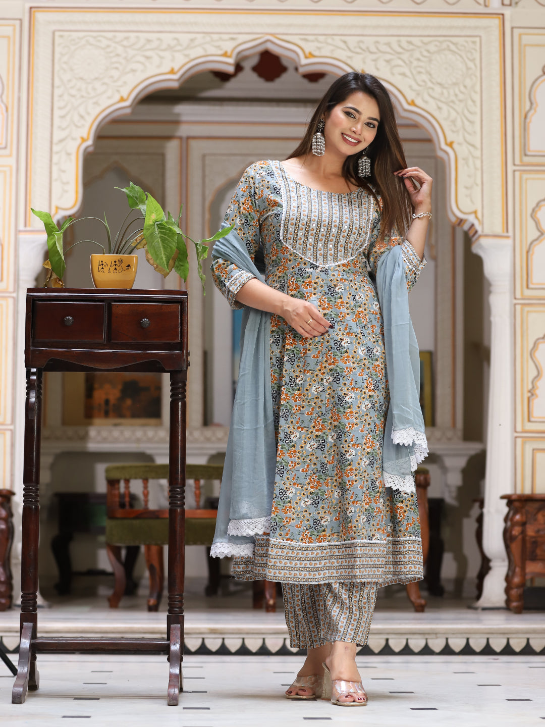 Grey Anarkali Rayon Printd Embroiderd Kurta With Pant And Dupatta