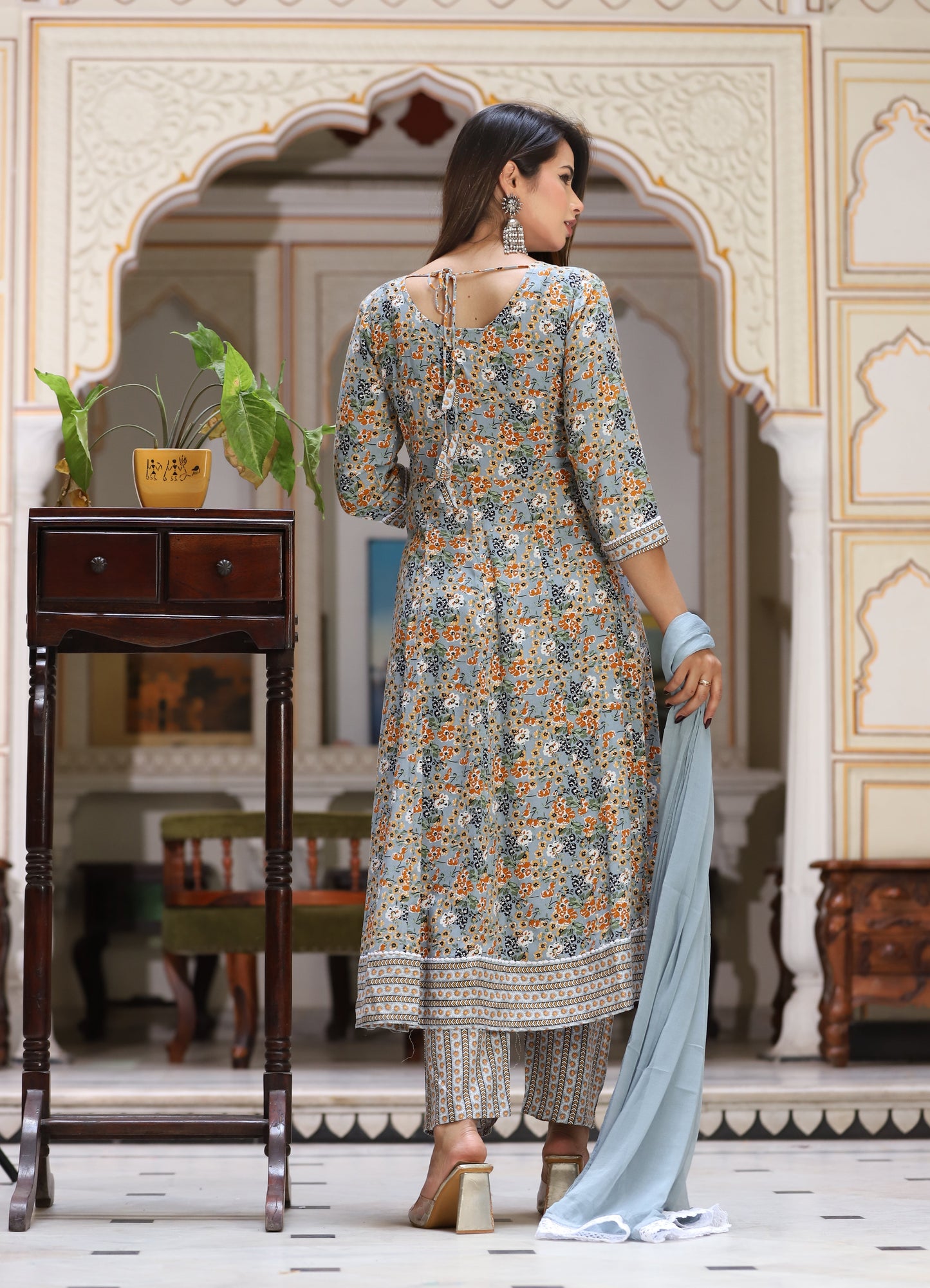 Grey Anarkali Rayon Printd Embroiderd Kurta With Pant And Dupatta