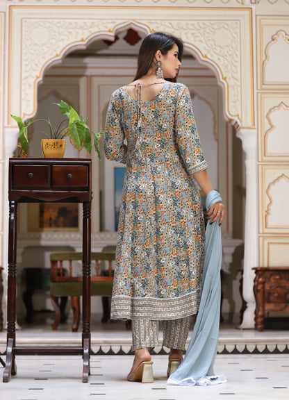Grey Anarkali Rayon Printd Embroiderd Kurta With Pant And Dupatta