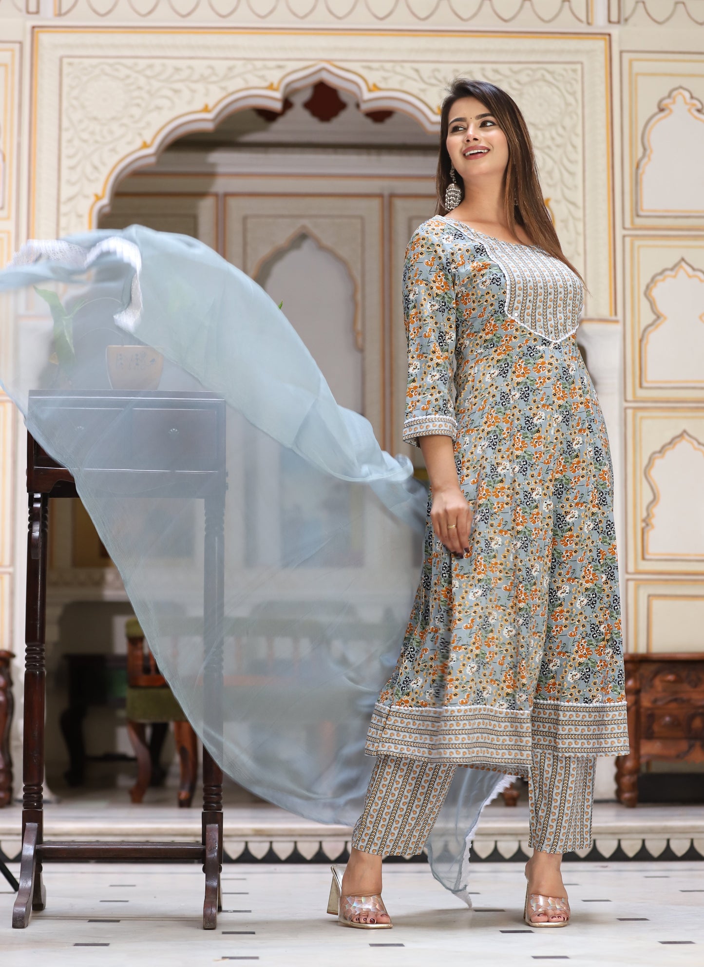 Grey Anarkali Rayon Printd Embroiderd Kurta With Pant And Dupatta