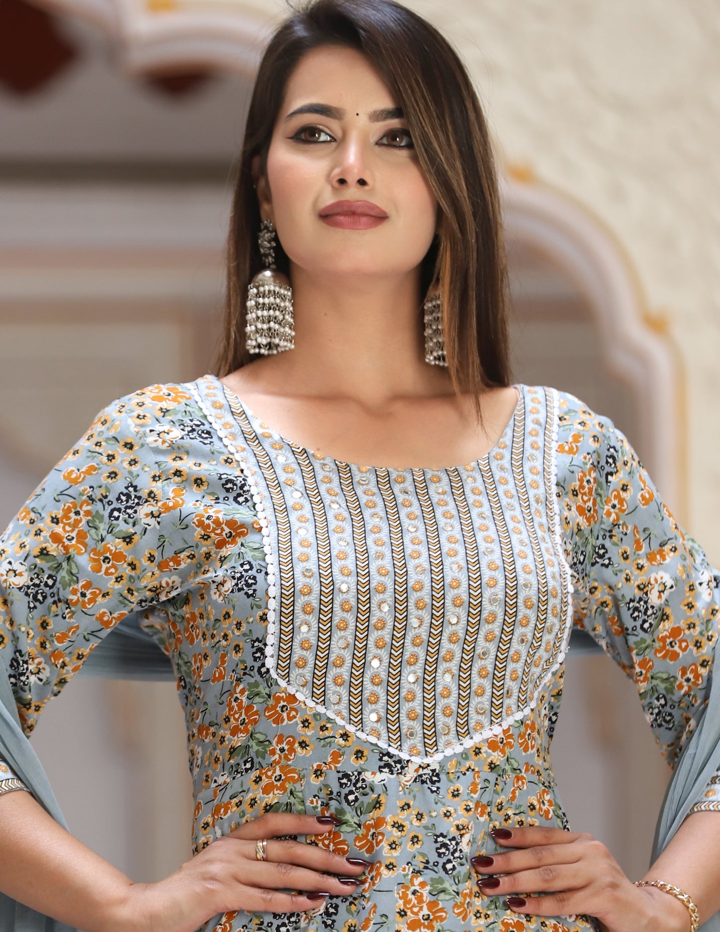 Grey Anarkali Rayon Printd Embroiderd Kurta With Pant And Dupatta