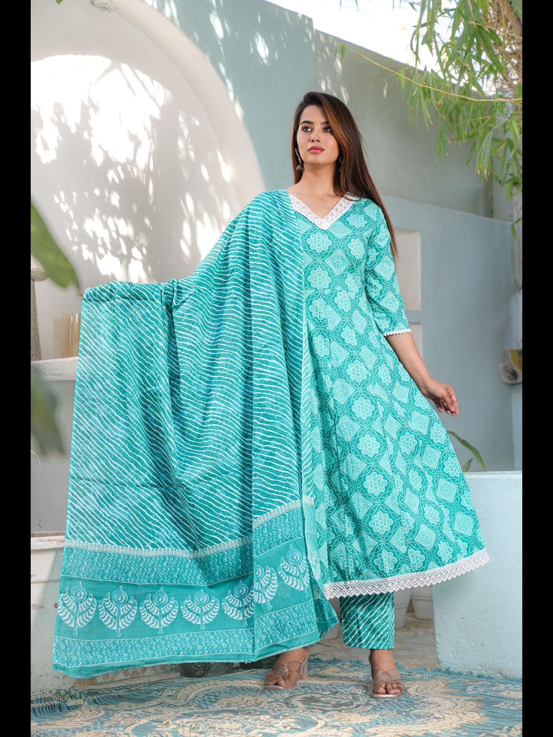 Green Printed A-Line Cotton Kurta Bottom With Dupatta
