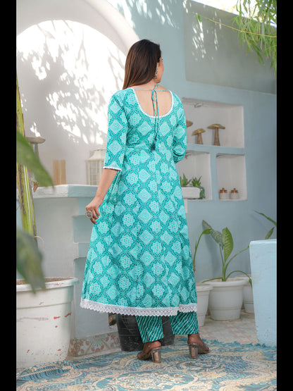 Green Printed A-Line Cotton Kurta Bottom With Dupatta