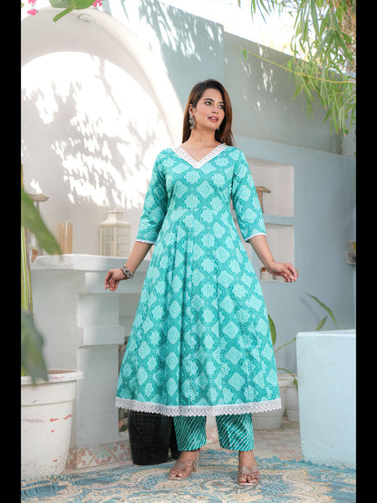 Green Printed A-Line Cotton Kurta Bottom With Dupatta
