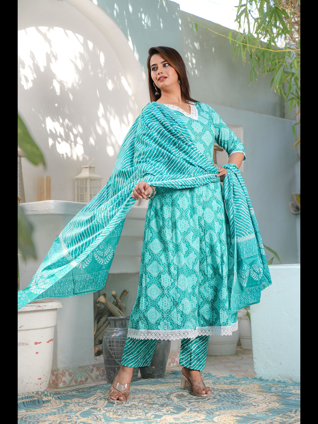 Green Printed A-Line Cotton Kurta Bottom With Dupatta
