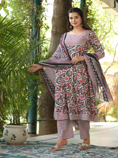 Multi Anarkali Cotton Printed Kurta With Pant And Dupatta