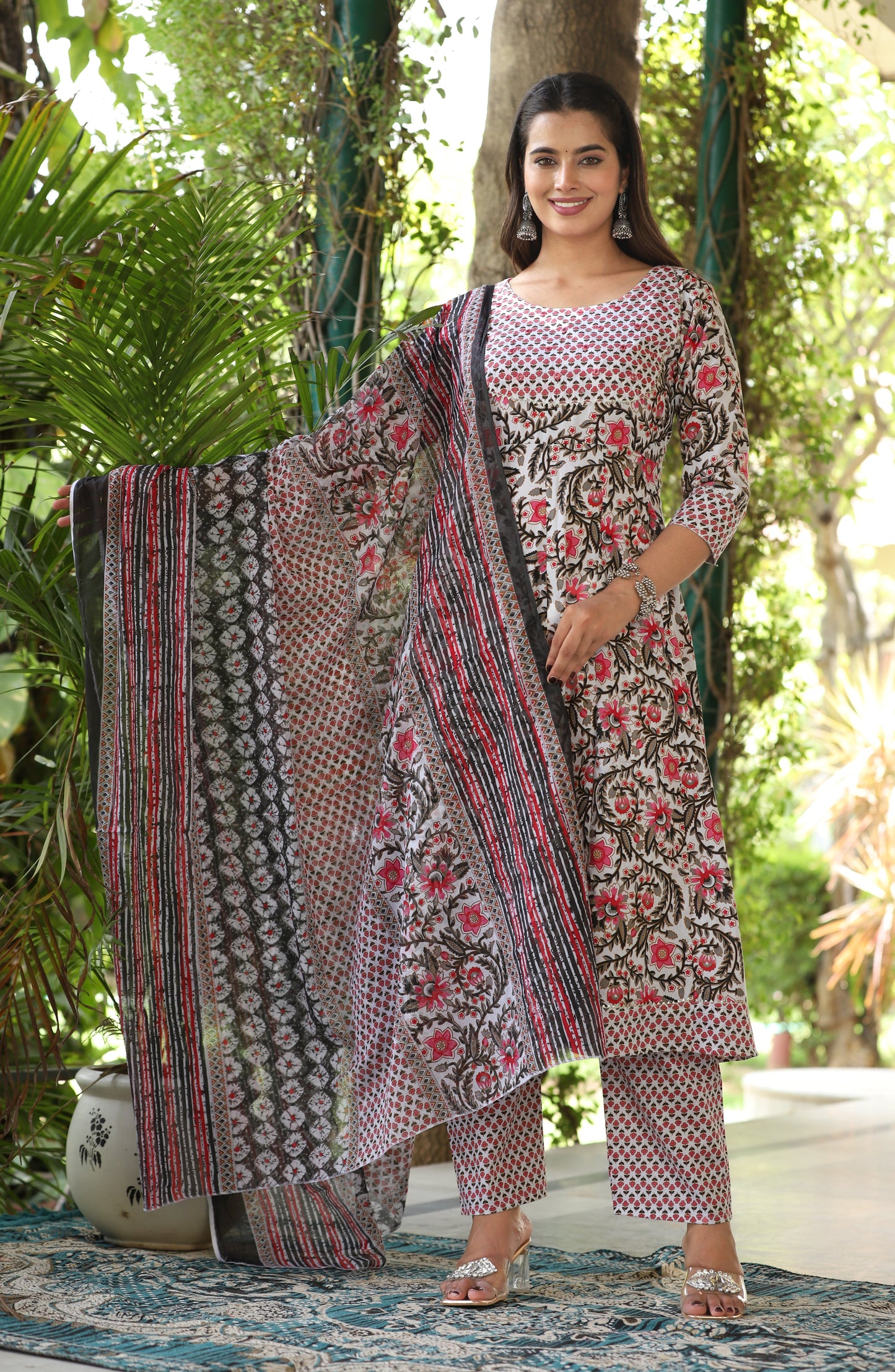 Multi Anarkali Cotton Printed Kurta With Pant And Dupatta