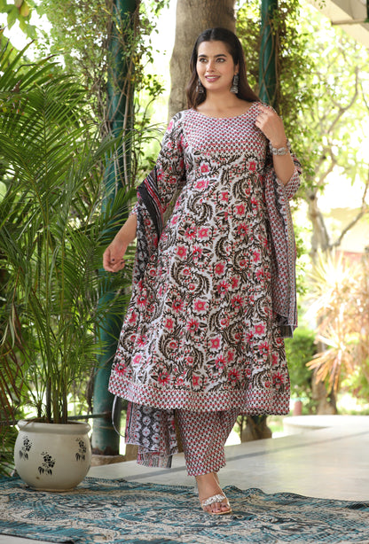 Multi Anarkali Cotton Printed Kurta With Pant And Dupatta