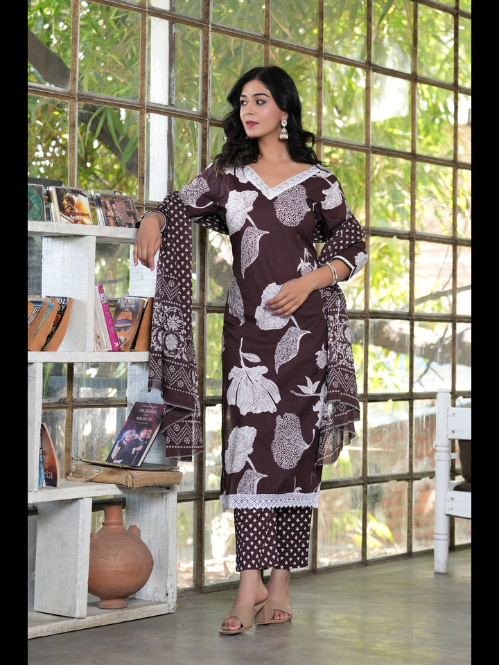Brown Straight Printed Cotton Kurta Bottom With Dupatta