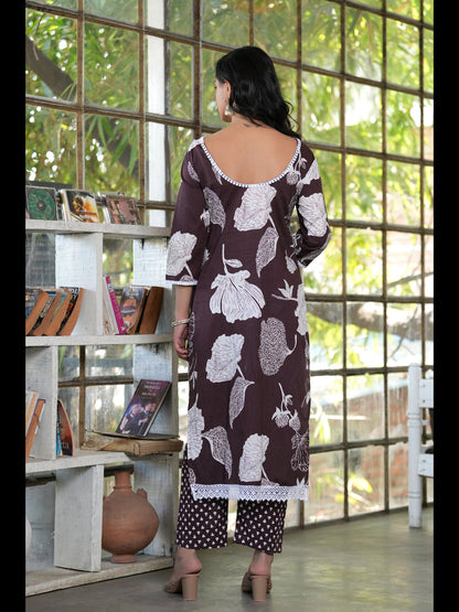 Brown Straight Printed Cotton Kurta Bottom With Dupatta