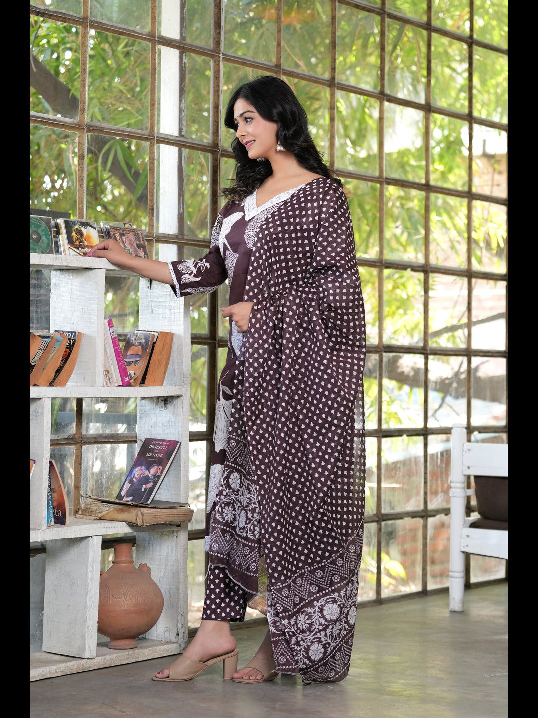 Brown Straight Printed Cotton Kurta Bottom With Dupatta