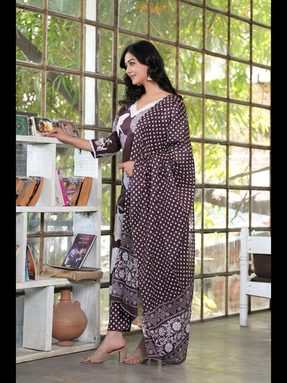 Brown Straight Printed Cotton Kurta Bottom With Dupatta