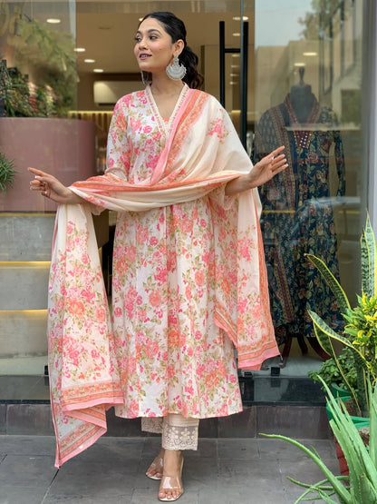 Multi Anarkali Cotton Printd Embellished Kurta With Pant And Dupatta