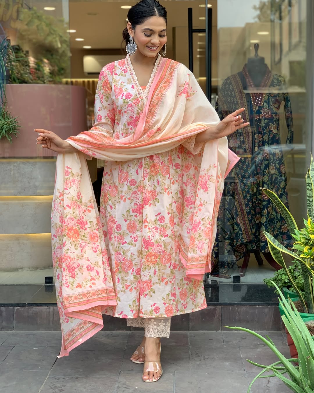 Multi Anarkali Cotton Printd Embellished Kurta With Pant And Dupatta