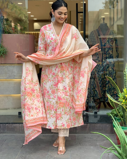 Multi Anarkali Cotton Printd Embellished Kurta With Pant And Dupatta