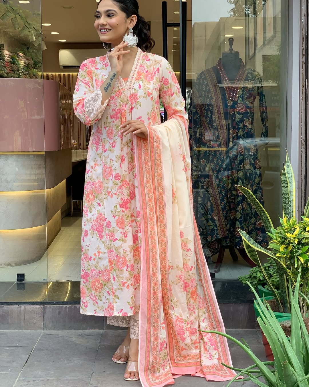 Multi Anarkali Cotton Printd Embellished Kurta With Pant And Dupatta