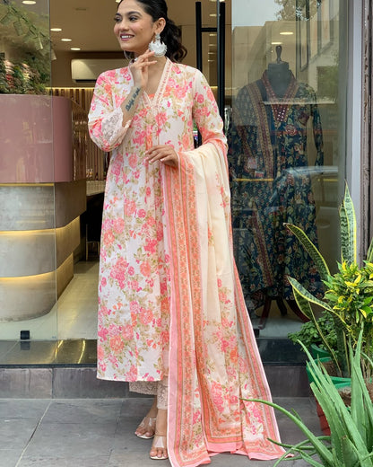 Multi Anarkali Cotton Printd Embellished Kurta With Pant And Dupatta