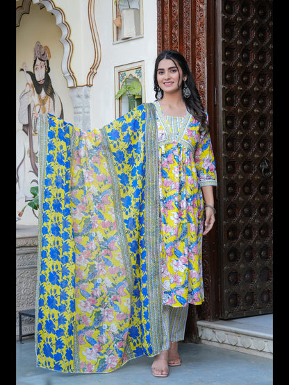 Blue Printed Alia Cut Pure Cotton Kurta With Pant And Dupatta