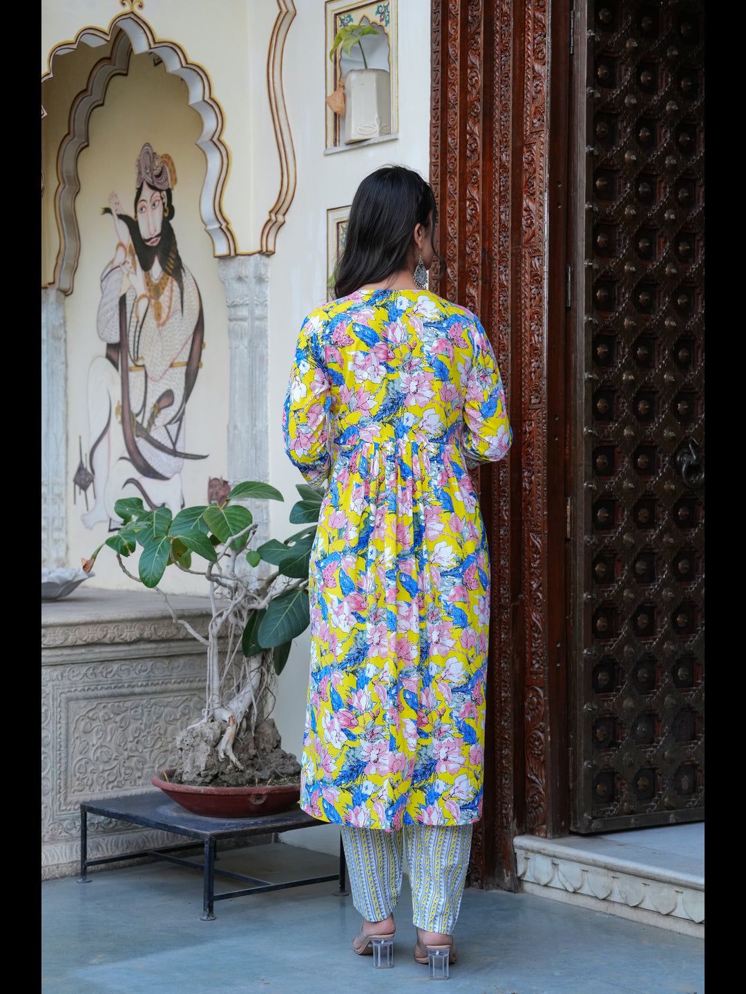 Blue Printed Alia Cut Pure Cotton Kurta With Pant And Dupatta