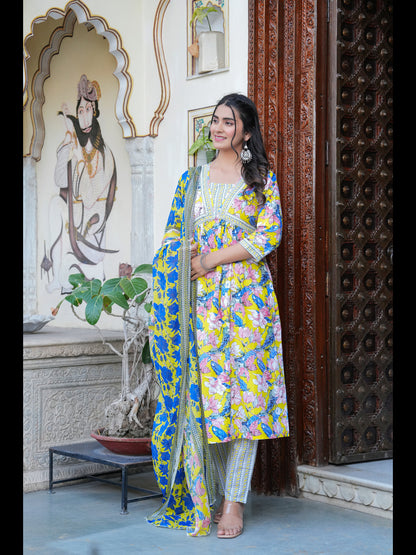 Blue Printed Alia Cut Pure Cotton Kurta With Pant And Dupatta
