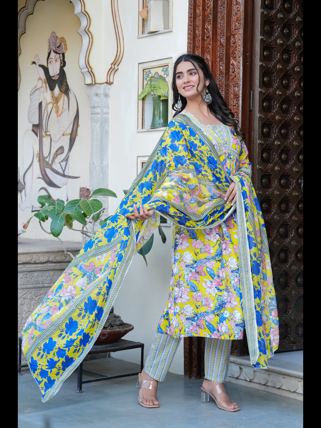 Blue Printed Alia Cut Pure Cotton Kurta With Pant And Dupatta