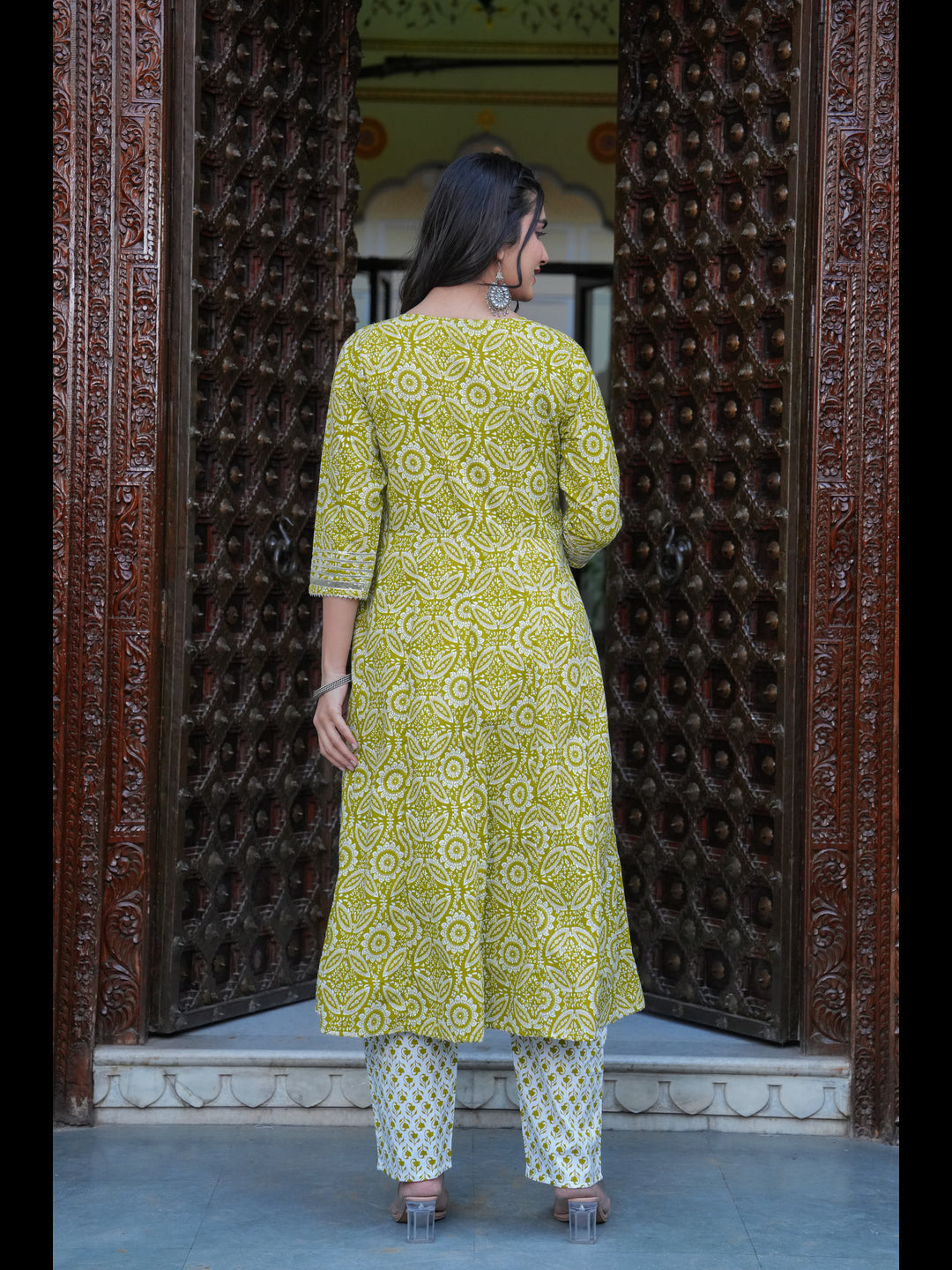 Green Printed Anarkali Pure Cotton Kurta With Pant And Dupatta