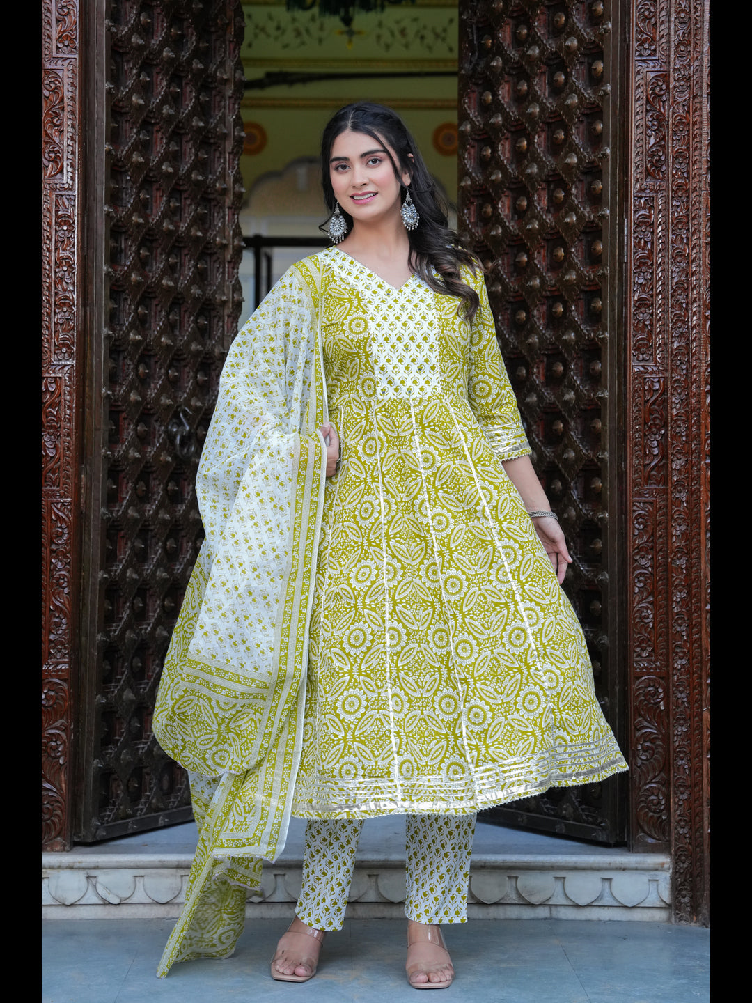 Green Printed Anarkali Pure Cotton Kurta With Pant And Dupatta