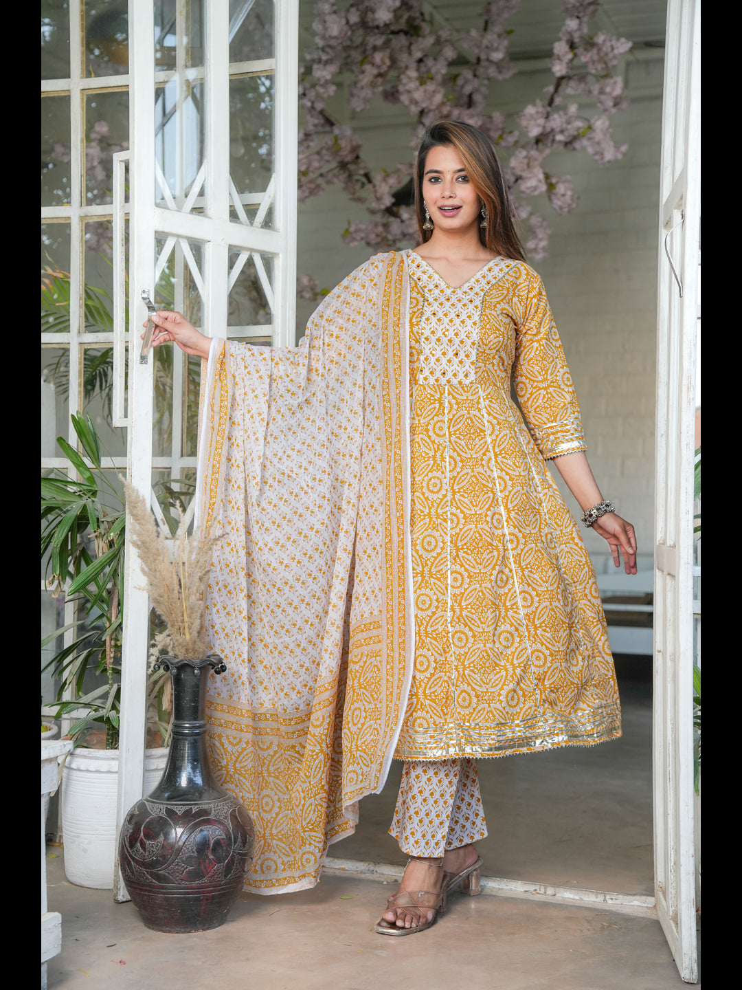 Mustard Printed Anarkali Cotton Kurta With Pant And Dupatta