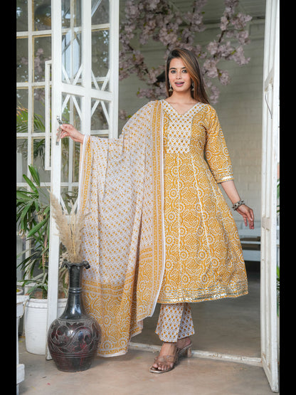 Mustard Printed Anarkali Cotton Kurta With Pant And Dupatta