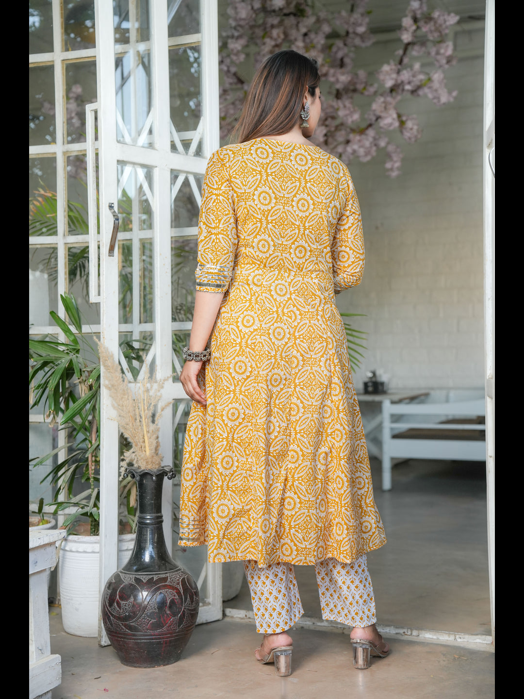 Mustard Printed Anarkali Cotton Kurta With Pant And Dupatta