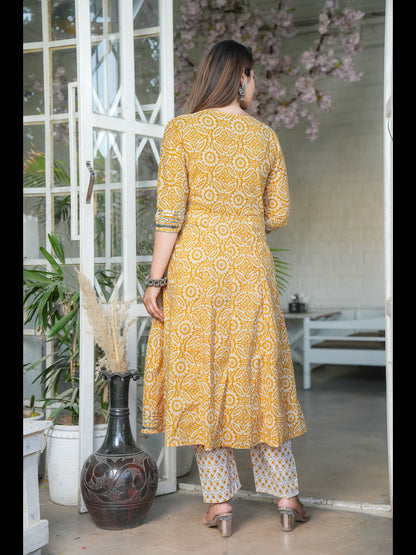 Mustard Printed Anarkali Cotton Kurta With Pant And Dupatta