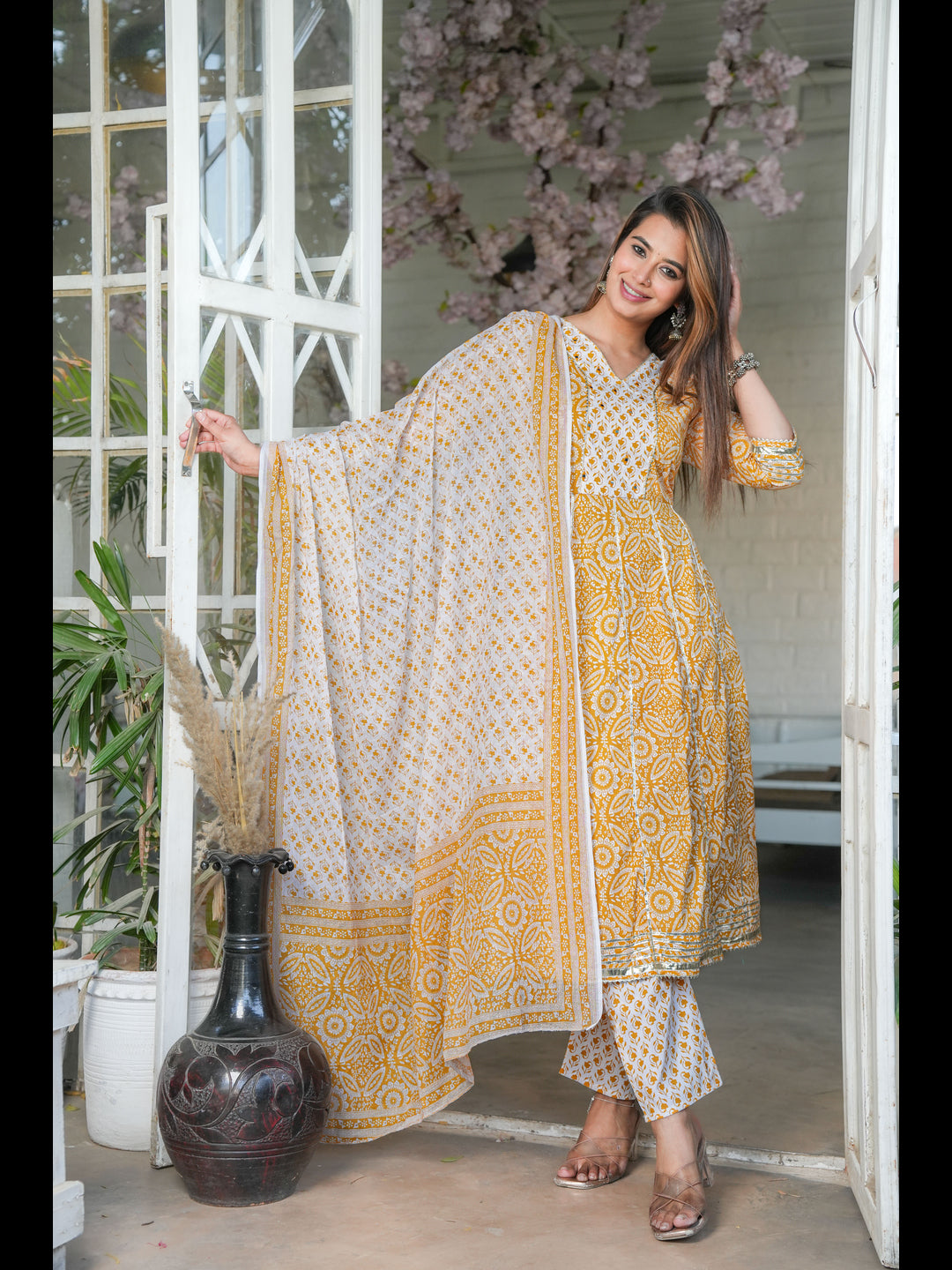 Mustard Printed Anarkali Cotton Kurta With Pant And Dupatta
