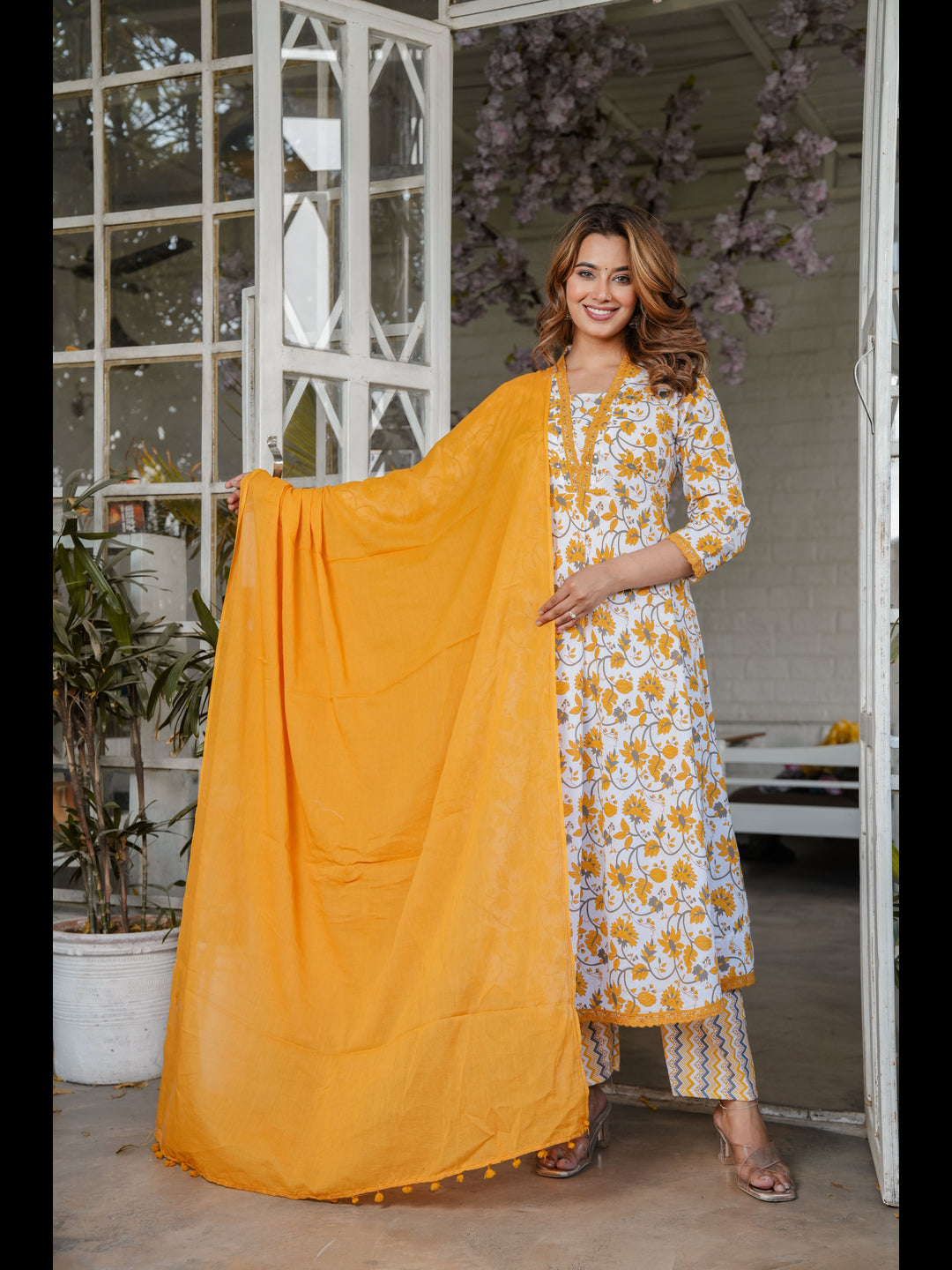 Red Printed Cotton Anarcali Kurta With Pant And Dupatta