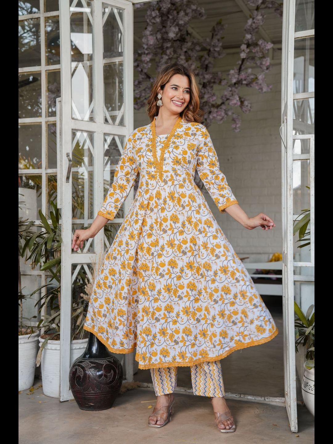 Red Printed Cotton Anarcali Kurta With Pant And Dupatta