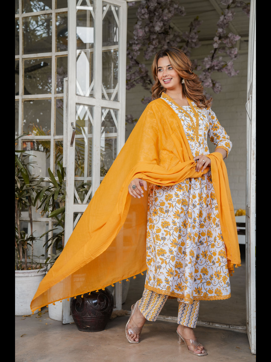 Red Printed Cotton Anarcali Kurta With Pant And Dupatta