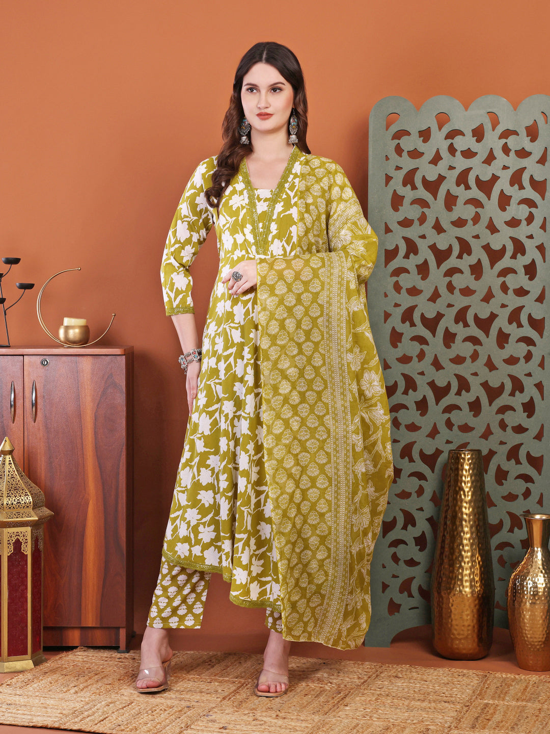 Brown Anarkali Cotton Printed Selfdesign Kurta With Pant And Dupatta