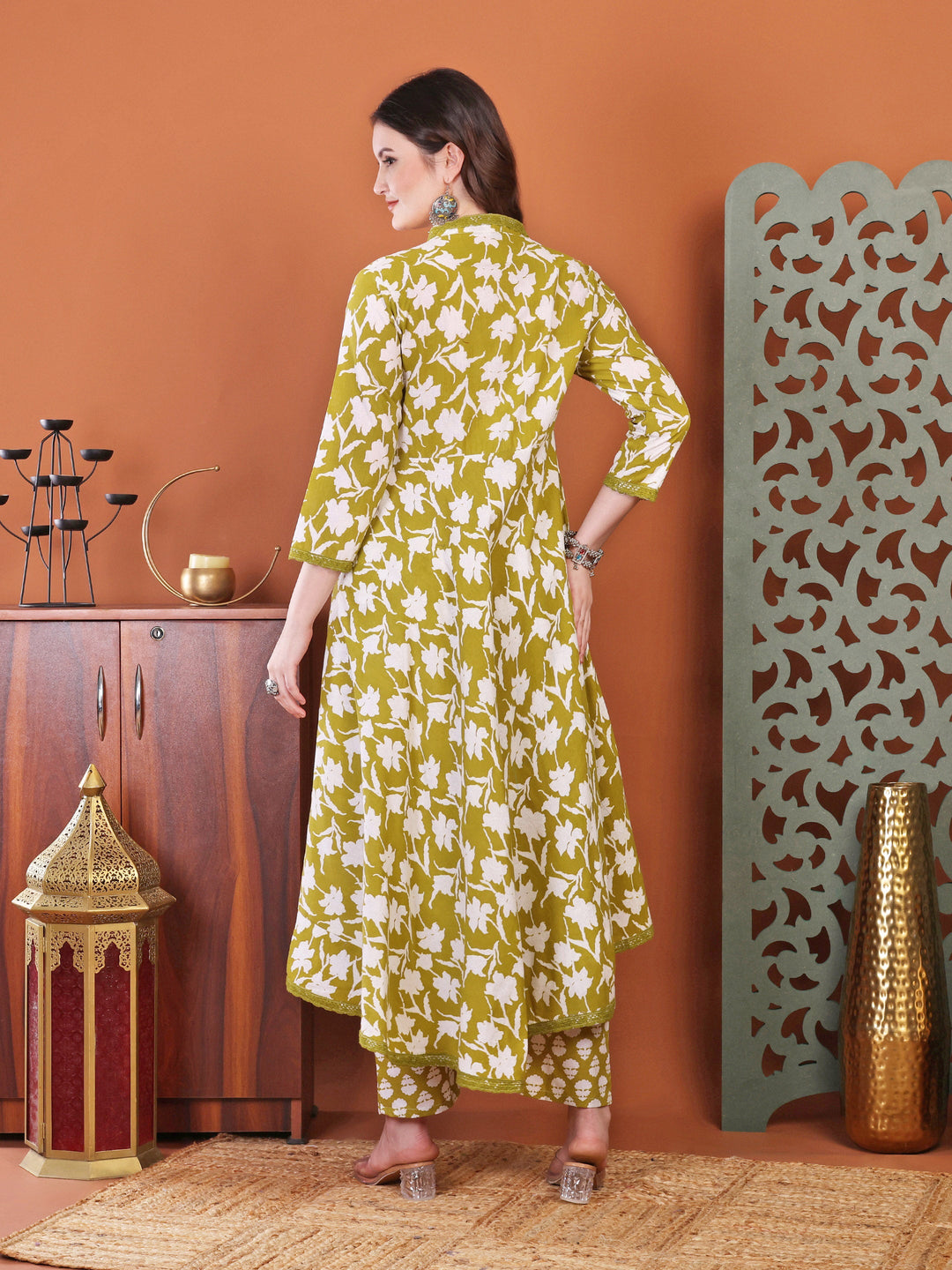 Brown Anarkali Cotton Printed Selfdesign Kurta With Pant And Dupatta