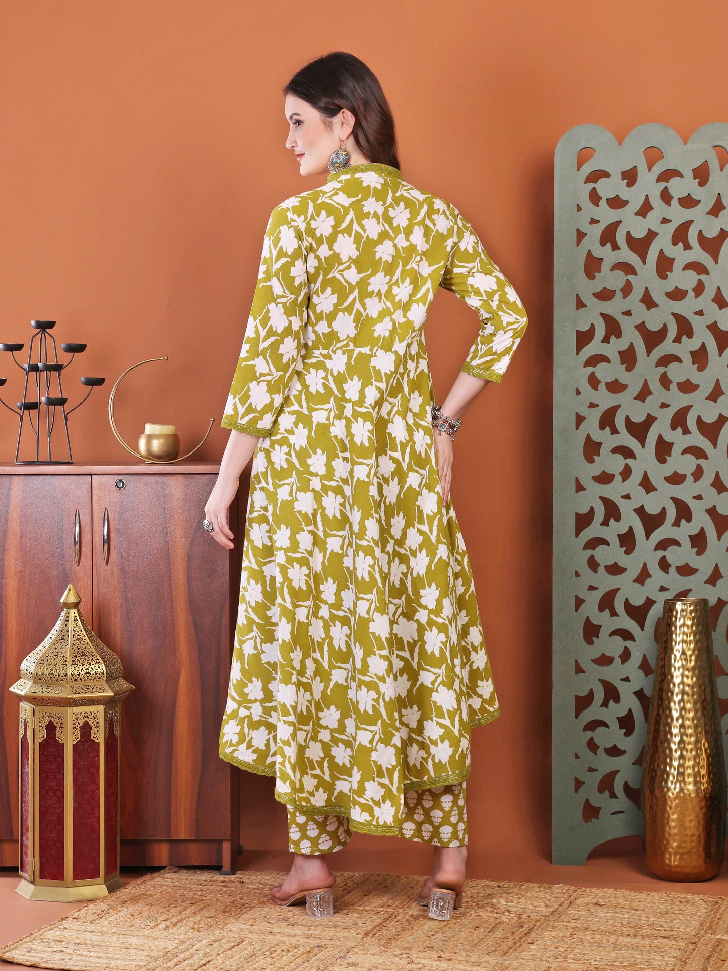 Brown Anarkali Cotton Printed Selfdesign Kurta With Pant And Dupatta