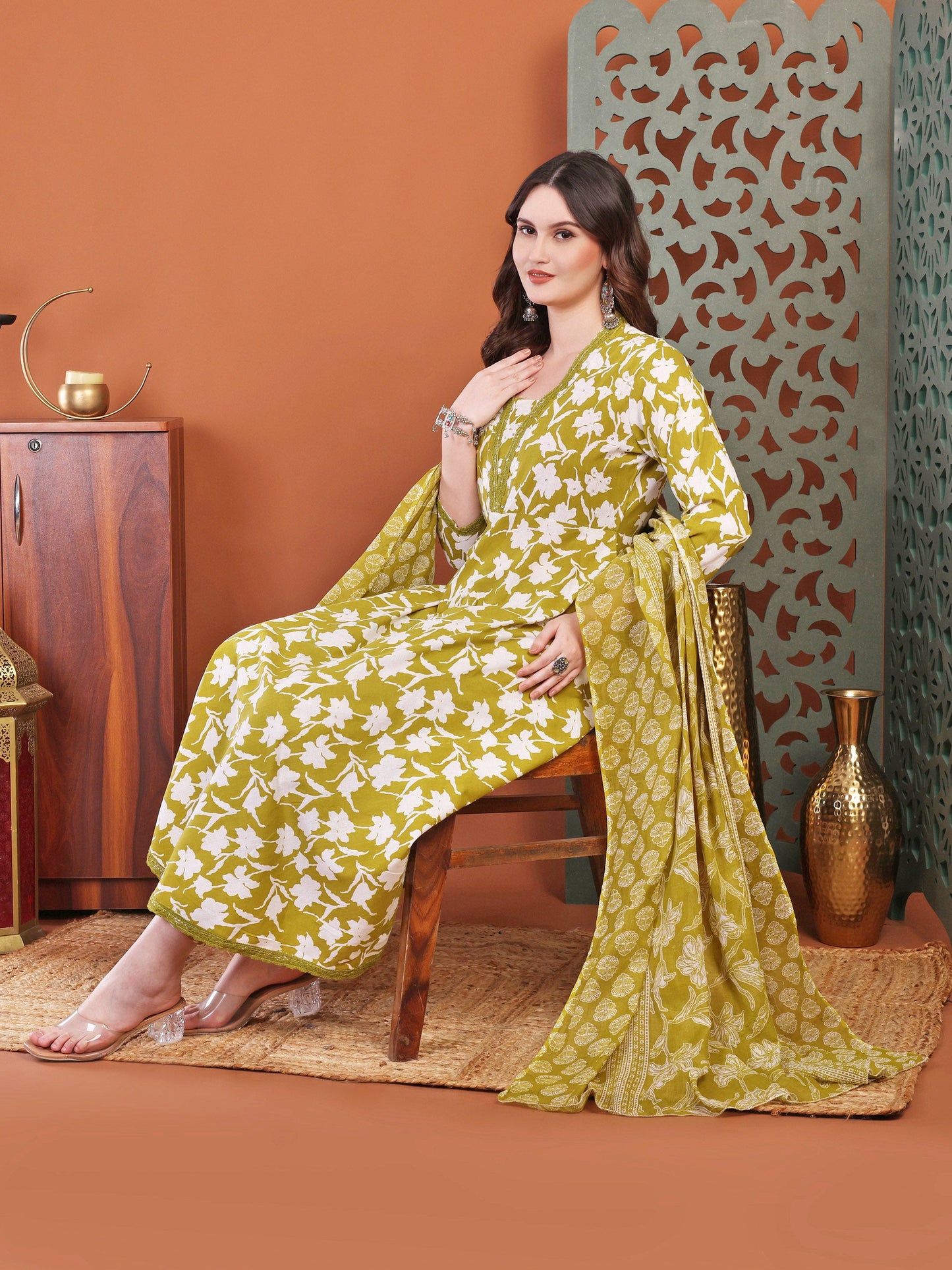 Brown Anarkali Cotton Printed Selfdesign Kurta With Pant And Dupatta