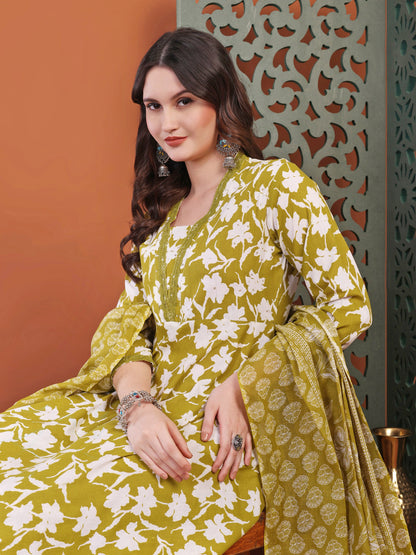 Brown Anarkali Cotton Printed Selfdesign Kurta With Pant And Dupatta