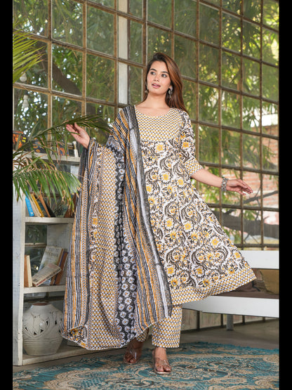 Yellow Printed Anarkali Cotton Kurta Bottom With Dupatta