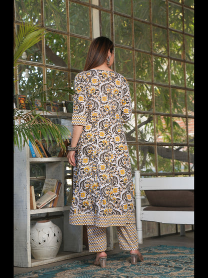 Yellow Printed Anarkali Cotton Kurta Bottom With Dupatta