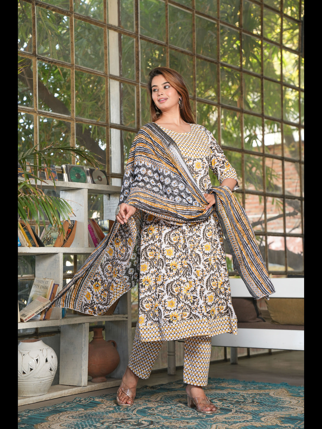 Yellow Printed Anarkali Cotton Kurta Bottom With Dupatta