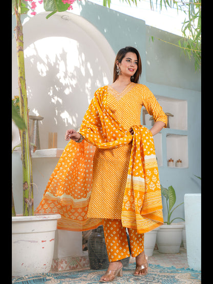 Mustard Straight Printed Cotton Kurta Bottom With Dupatta