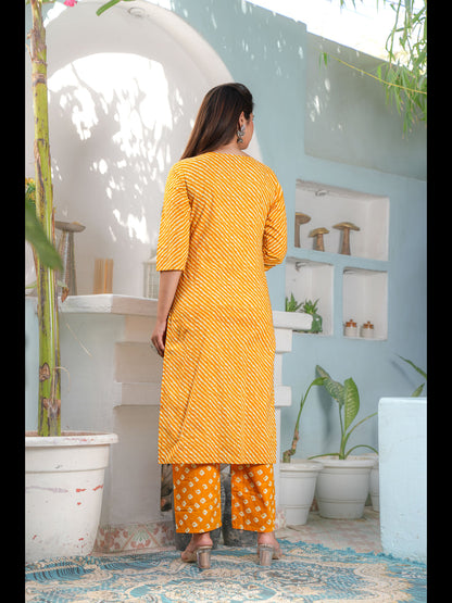 Mustard Straight Printed Cotton Kurta Bottom With Dupatta