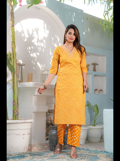 Mustard Straight Printed Cotton Kurta Bottom With Dupatta